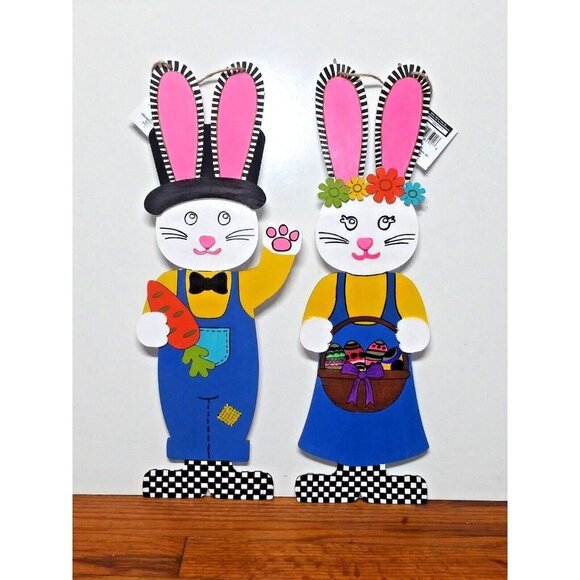 Bunny Rabbit Couple designer Inspired wall hanging 18" NWT Easter WHIMSICAL - Picture 2 of 8